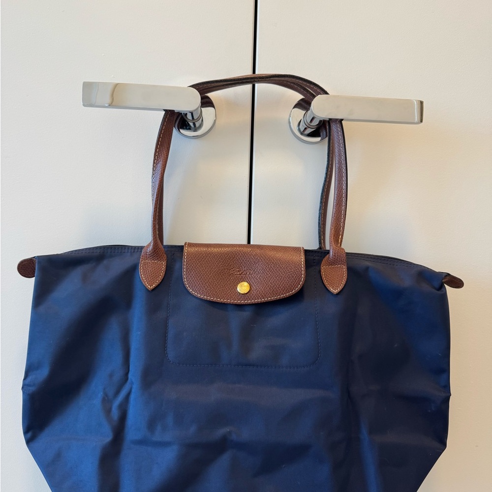 Longchamp Navy Tote Bag with Brown Handles